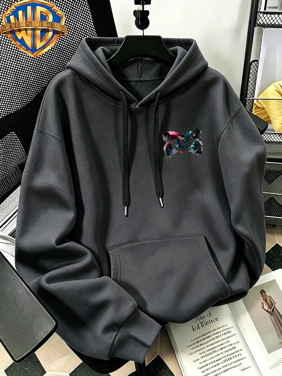 Autumn Winter Trendy Fashion Drawstring Pocket Hooded Men'S Sweatshirt, Ink Splatter Superman Batman Cool Print Design, Sporty Casual Loose Hoodie, Casual Wear for Daily Life, Trendy Style For, Suitable for Home And Outings, Unisex - Dark Gray