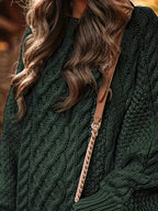 Women's Sweater Dress, Women's Long Sleeve Crew Neck Textured Knitted Dresss - Dark Green
