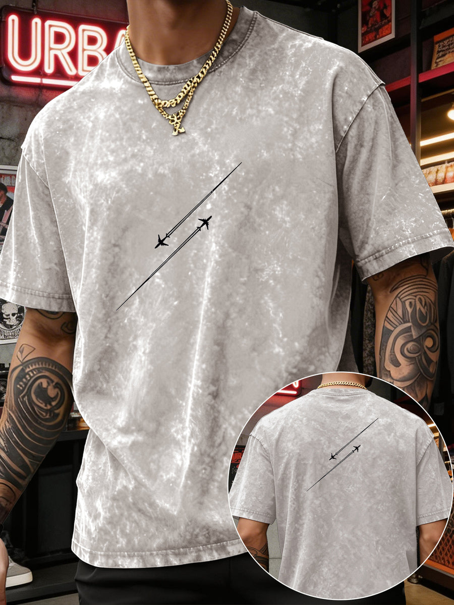 Men'S Heavyweight Washed T-Shirt Minimalist Airplane Line Art Print High Street Vintage Distressed Tee 2026 Summer Casual Urban Wear - Apricot
