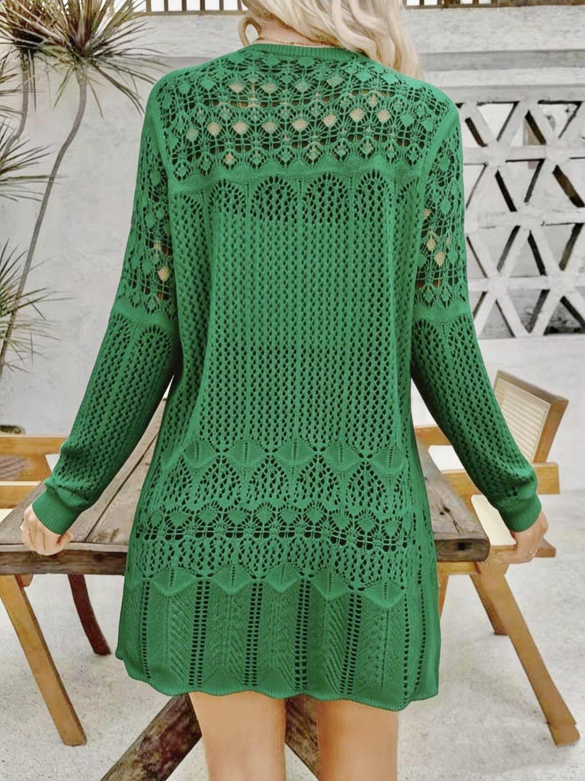 Women'S Elegant Long Sleeve Lace Open Cardigan, Suitable for Vacation, Beach - Green
