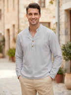 Men'S Pure Casual Long Sleeve Henley Shirt Linen Texture Old Money Style Solid Color Button-Up Top Spring Fall Moisture-Wicking Breathable Comfortable Long Sleeve T-Shirt - Grey
