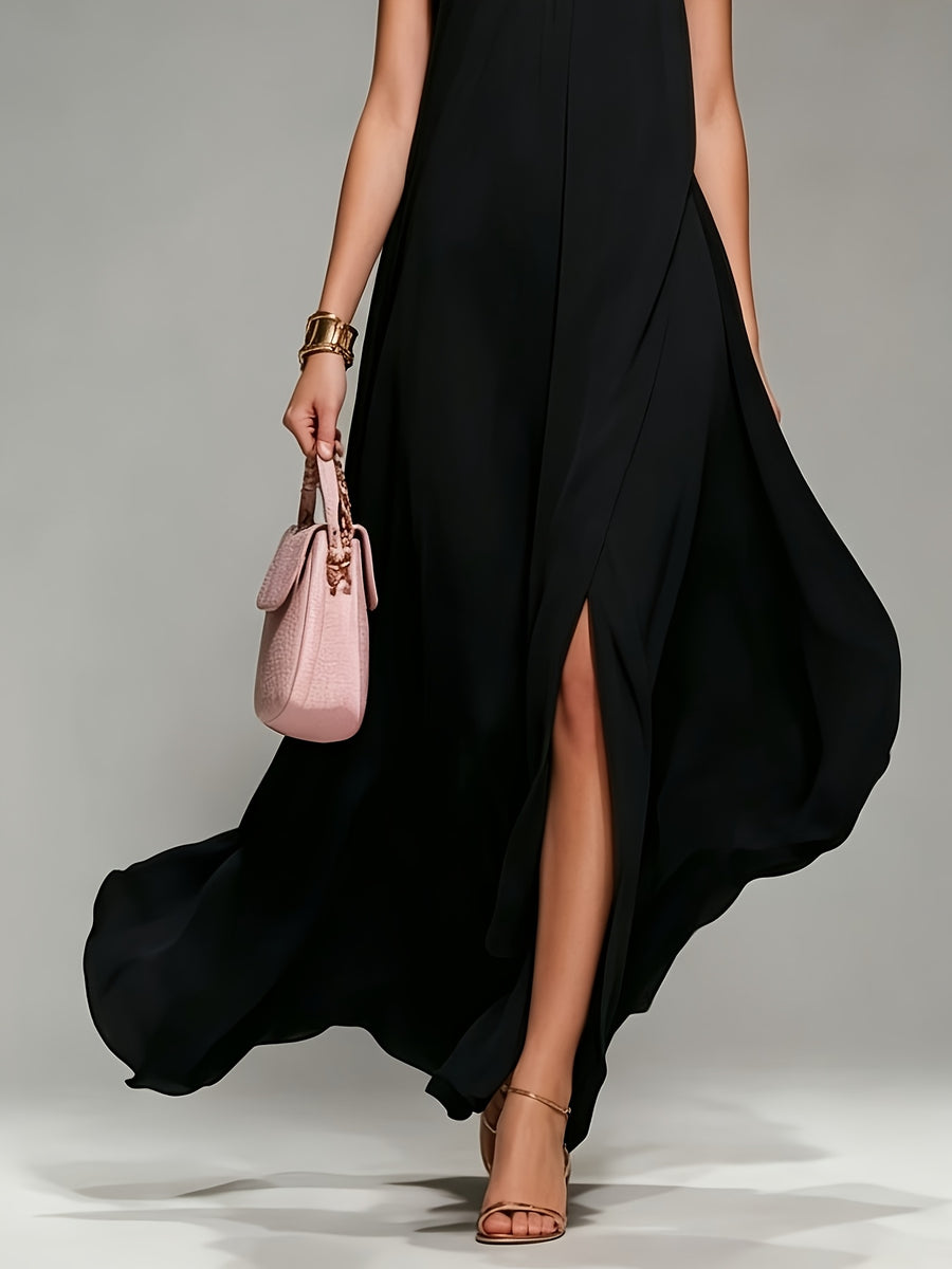 New Spring/Summer 2026 Small Round Neck Fashionable Split Versatile Women's Dress - Black