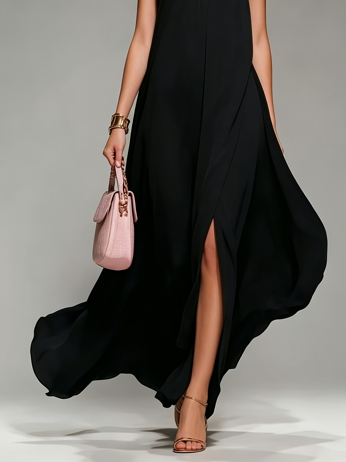 New Spring/Summer 2026 Small Round Neck Fashionable Split Versatile Women's Dress - Black
