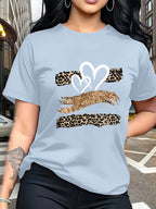Leopard Print Heart Glitter-themed Pattern Print, Fashionable Breathable T-shirt, for Family Travel,, Casual S, Daily Commutes, Matching Outfits for Sisters, Versatile T-shirt 30057 - Light Blue