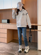New Style Hooded Color-Blocked Lace 3D Patch Cartoon Waffle Sweatshirt for Women D1222A - Grey