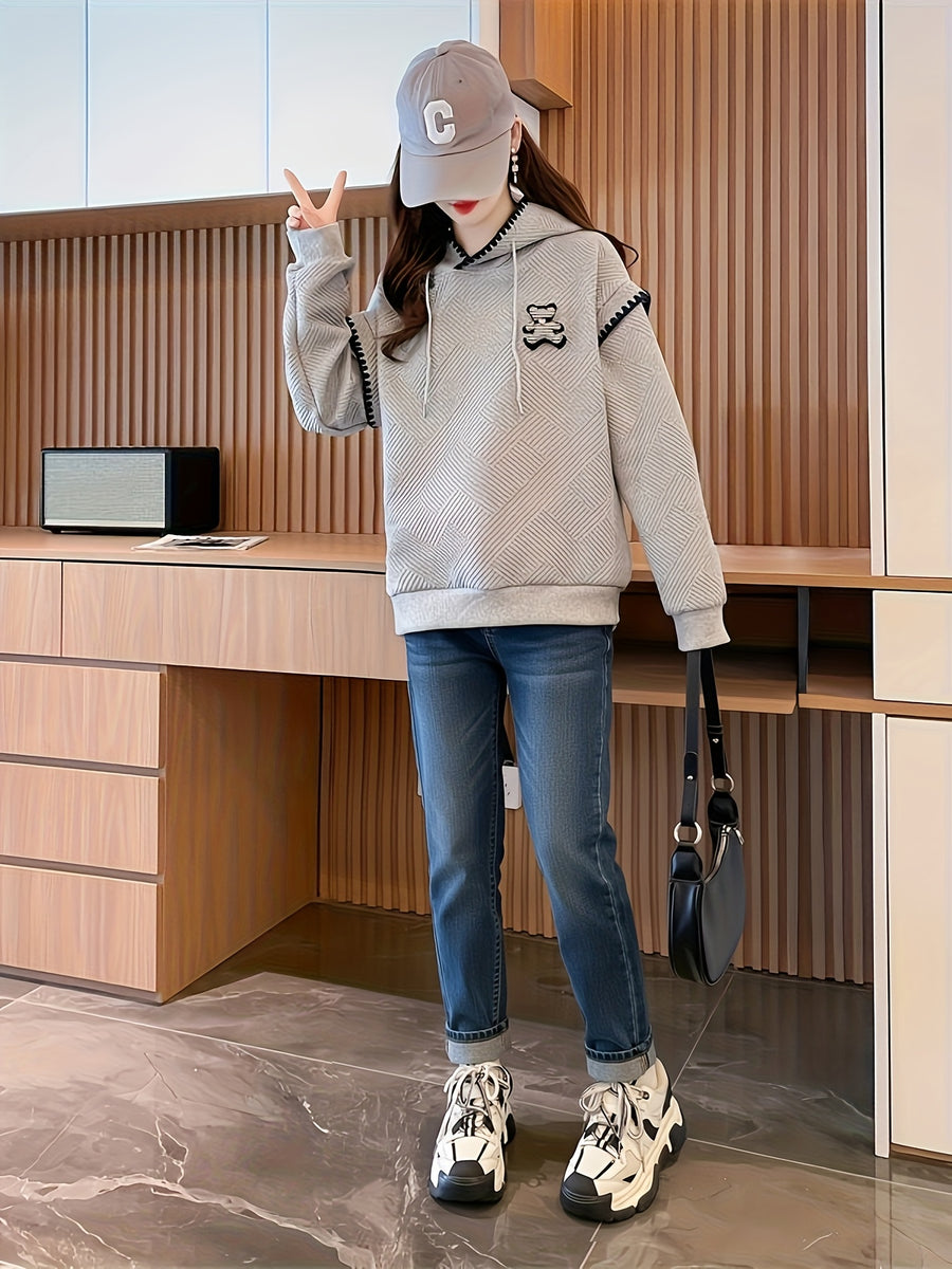 New Style Hooded Color-Blocked Lace 3D Patch Cartoon Waffle Sweatshirt for Women D1222A - Grey