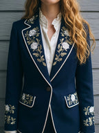 A Women'S Fashionable Daily Commuting Blazer with Floral Embroidery, Perfect for Everyday Work And Gatherings - Navy Color