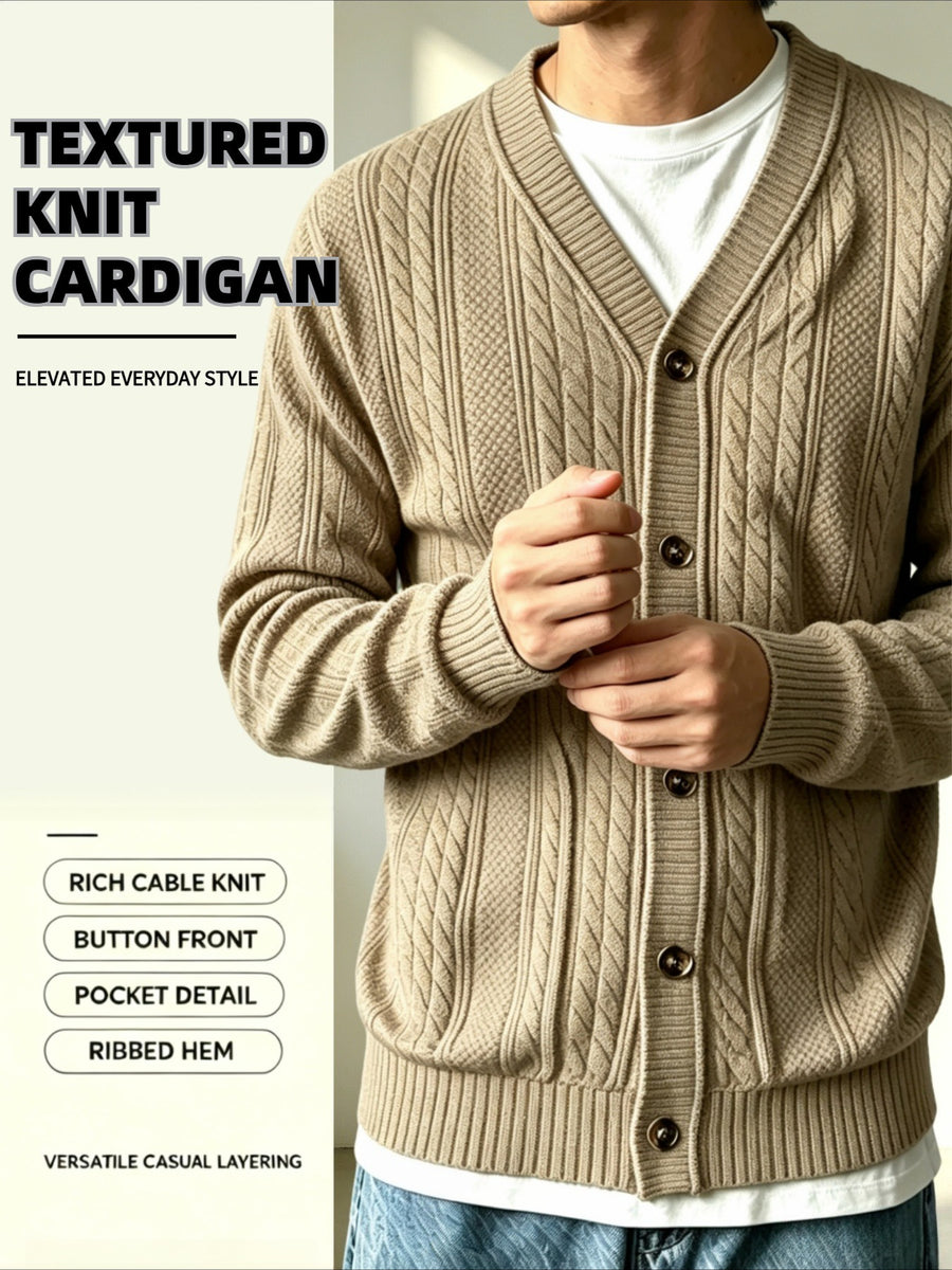 Men's V-neck Knitted Cardigan with 3D Embossed Jacquard Design, Simple and Mature Light Style, Spring/Autumn Regular Fit, Button Closure with Side Pockets, Blended Knit Fabric, Multi-color Casual Outerwear for Home, Outings, Dates, and Commuting - Khaki