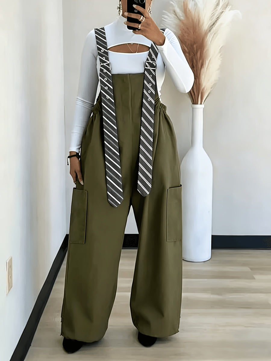 2026 New Women'S Loose Strappy Wide-Leg Pants, Age-Reducing, Versatile Casual Jumpsuit, Casual Striped Jumpsuit/Apron Pants - Olive Green