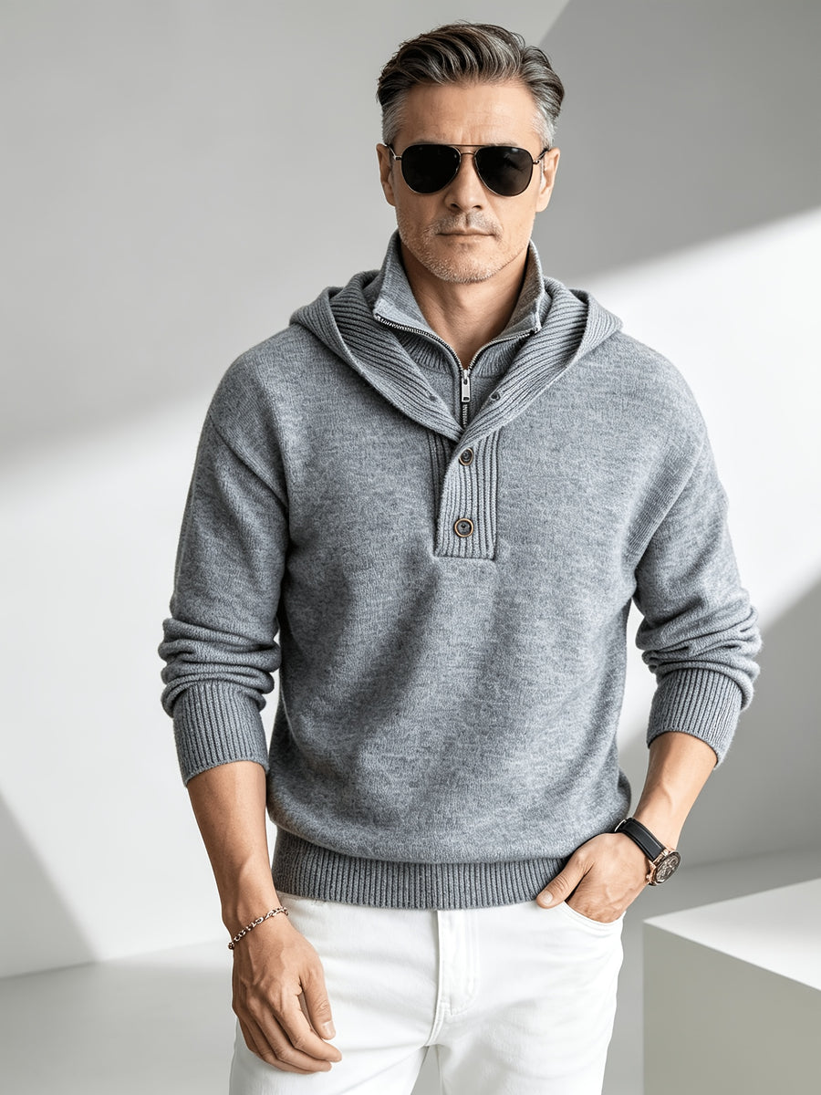 2026 New Fashionable Business Mature Casual Men'S Hooded Long Sleeve Knit Sweater, Slim Soft Warm Solid Color Knit Pullover Top, Fall Winter Suitable for Daily Office And Weekend Casual Outfits - Grey