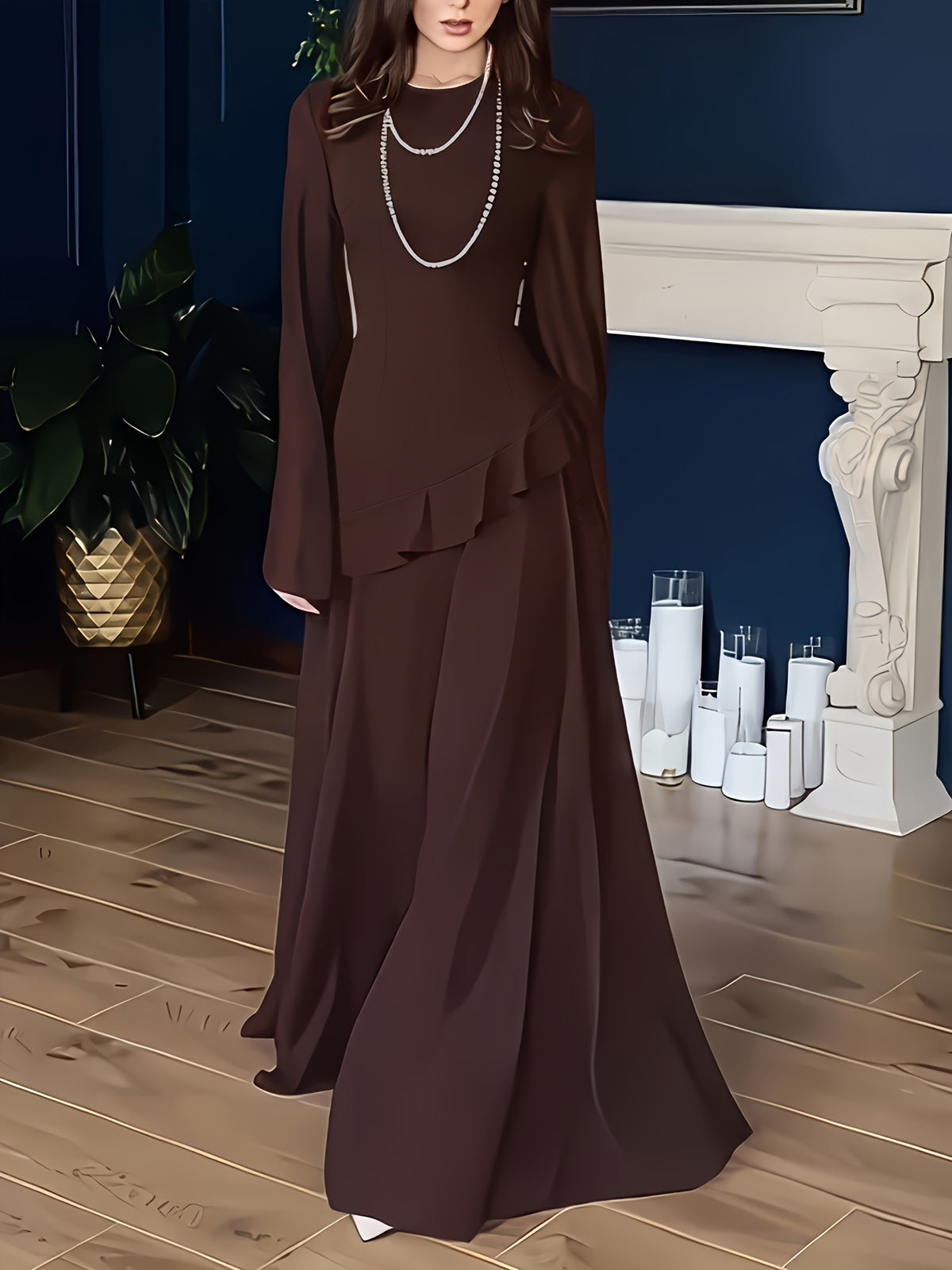 [Ramadan] Spring Summer Autumn New Soft Elegant Ruffled Temperament Trumpet Long Sleeve Dress [LL168] - Dark Brown