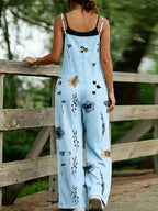 Ink Wash Floral Summer Loose Fit Wide-Leg Long Pants, Artistic Casual Versatile Women's Jumpsuit E0213 - Sky Blue