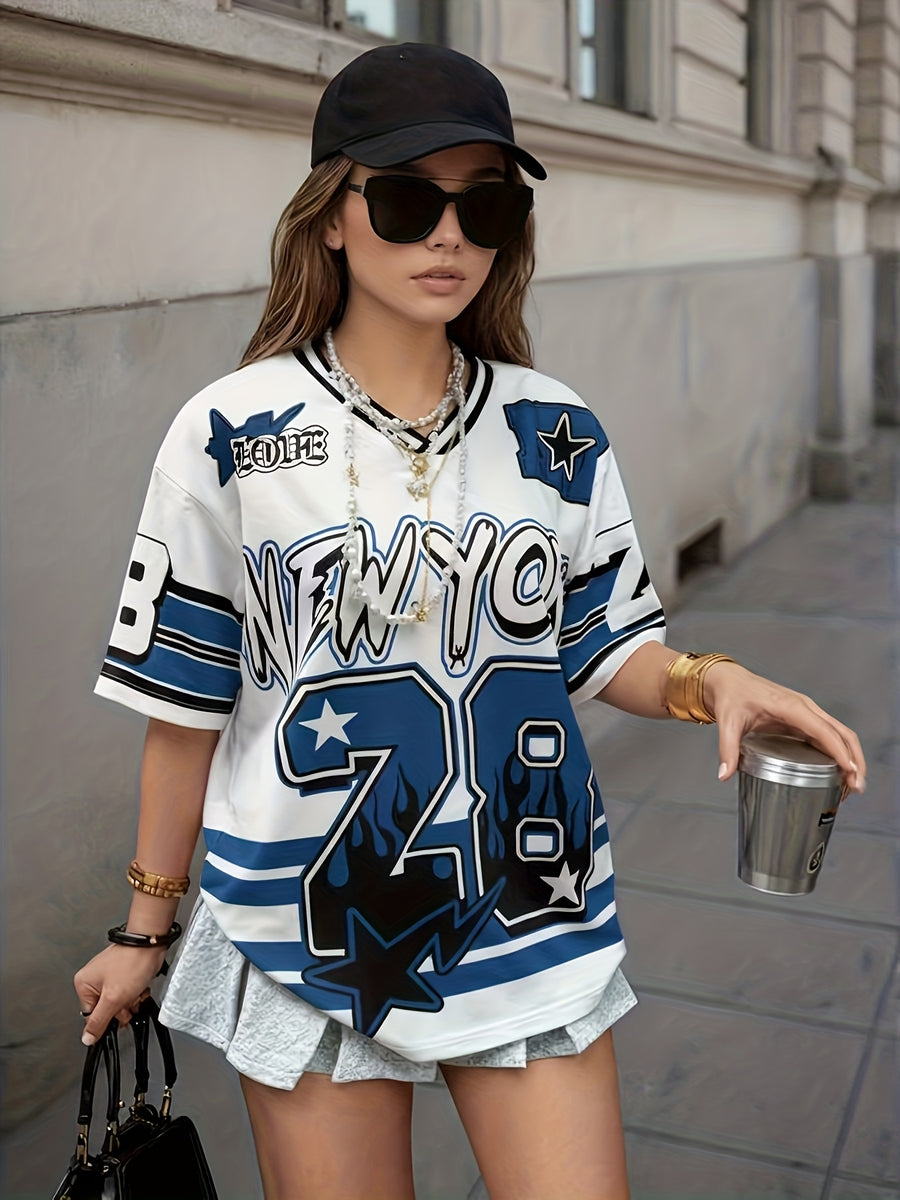 Women'S Top Casual Color-Block Striped Letter And Number Print Short Sleeve Women'S T-Shirt - Blue