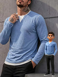 [ROYALBOY] Autumn New Pure Color Individual Design Hasselblad Thread V-Neck Long Sleeve, Casual All-Match Commute Essential, Party, Fashionable Versatile - Sky Blue