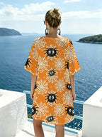 Halloween Fun Spider Print V-Neck Straight Dress, Featuring a Loose Drop-shoulder Short-sleeve Cut, Made from Comfortable and Breathable Fabric. This Relaxed, Laid-back Style Is Perfect for Creating a Festive Atmosphere, Suitable for Daily Outings - Mixed colors