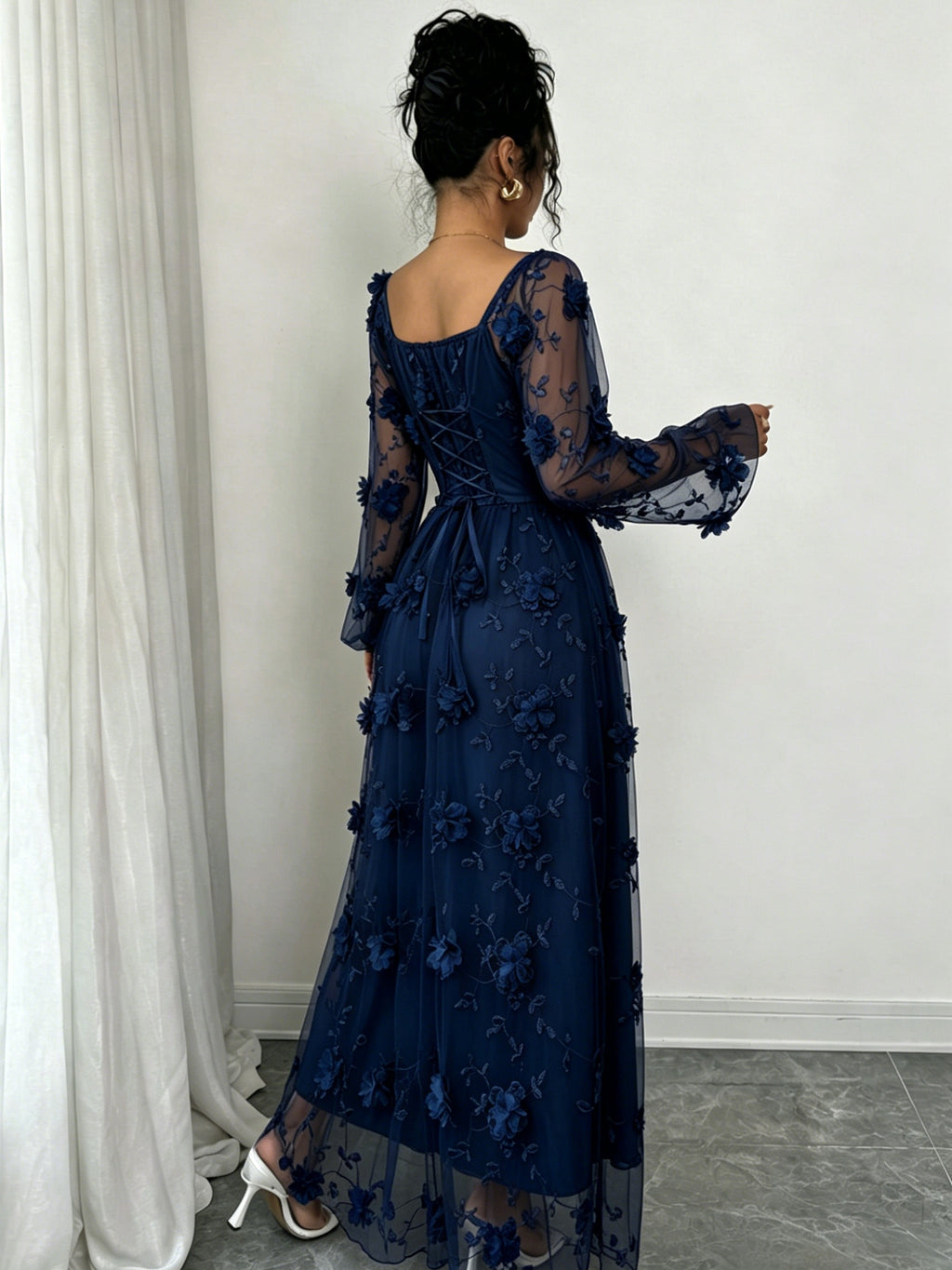 Elegant Mesh 3D Floral Dress, Fairy Style Square Neck Long Sleeve Maxi Dress, Date Afternoon Tea Gentle Style Dress - Navy Color