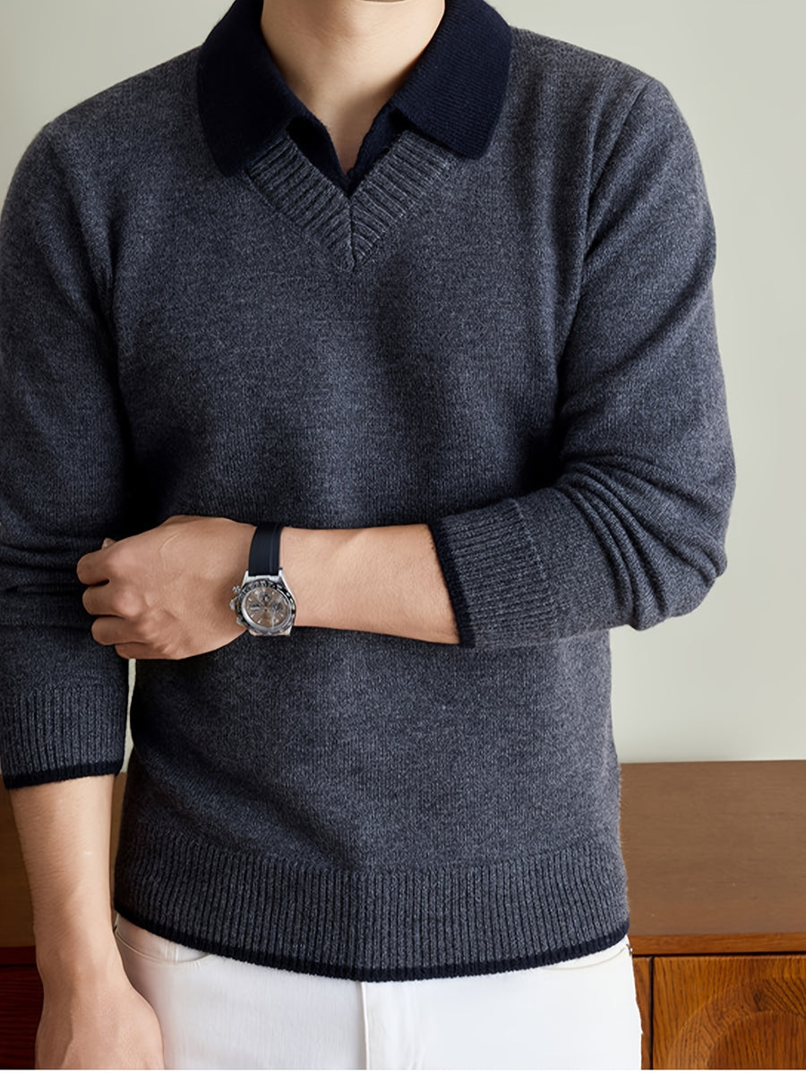 Men'S Thickened V-Neck Pullover Long Sleeve Faux Vest Knit Sweater, Autumn/Winter Style, Light Mature Business Casual - Medium Gray