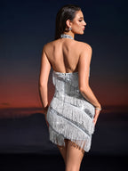 New Sequined Solid Color Strapless Spring/Summer Short Fringe Halter Neck Off-Shoulder Women's Dress, Elegant and Gorgeous High-Waist Slim Fit Evening Gown for Wedding Guests, Formal Party Dress - Silvery