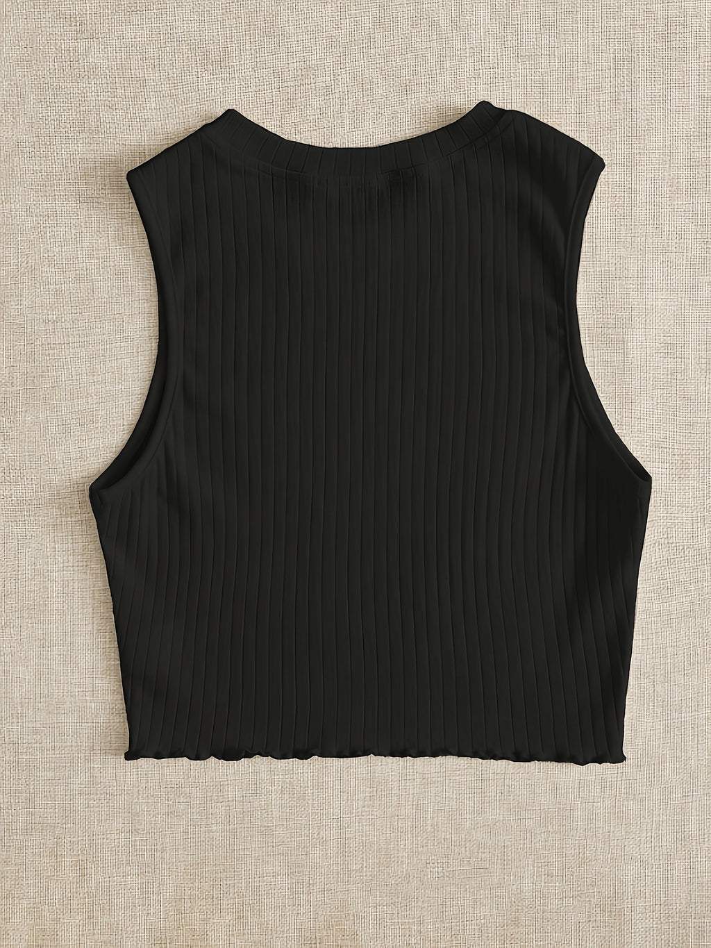 Solid Color Sleeveless Ribbed Lettuce Edge Vest - Black