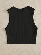 Solid Color Sleeveless Ribbed Lettuce Edge Vest - Black