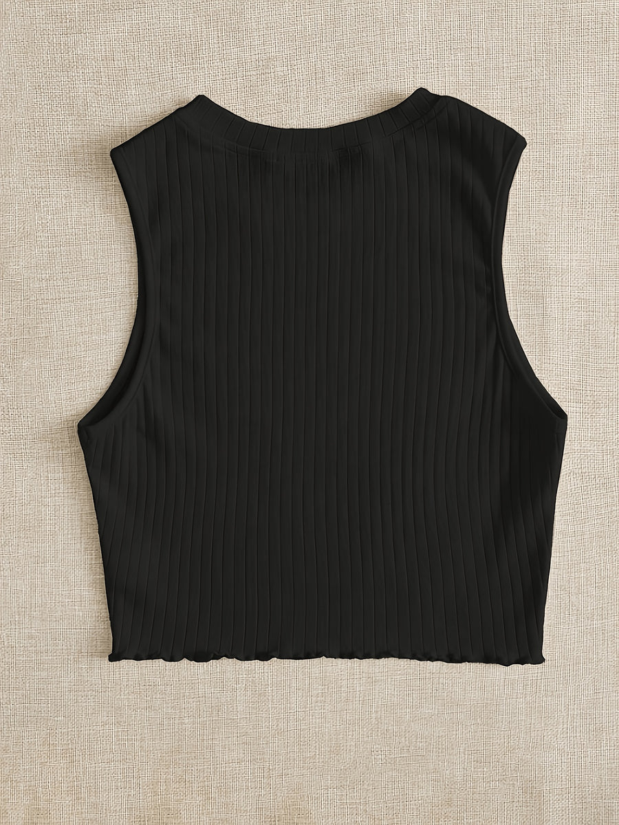 Solid Color Sleeveless Ribbed Lettuce Edge Vest - Black