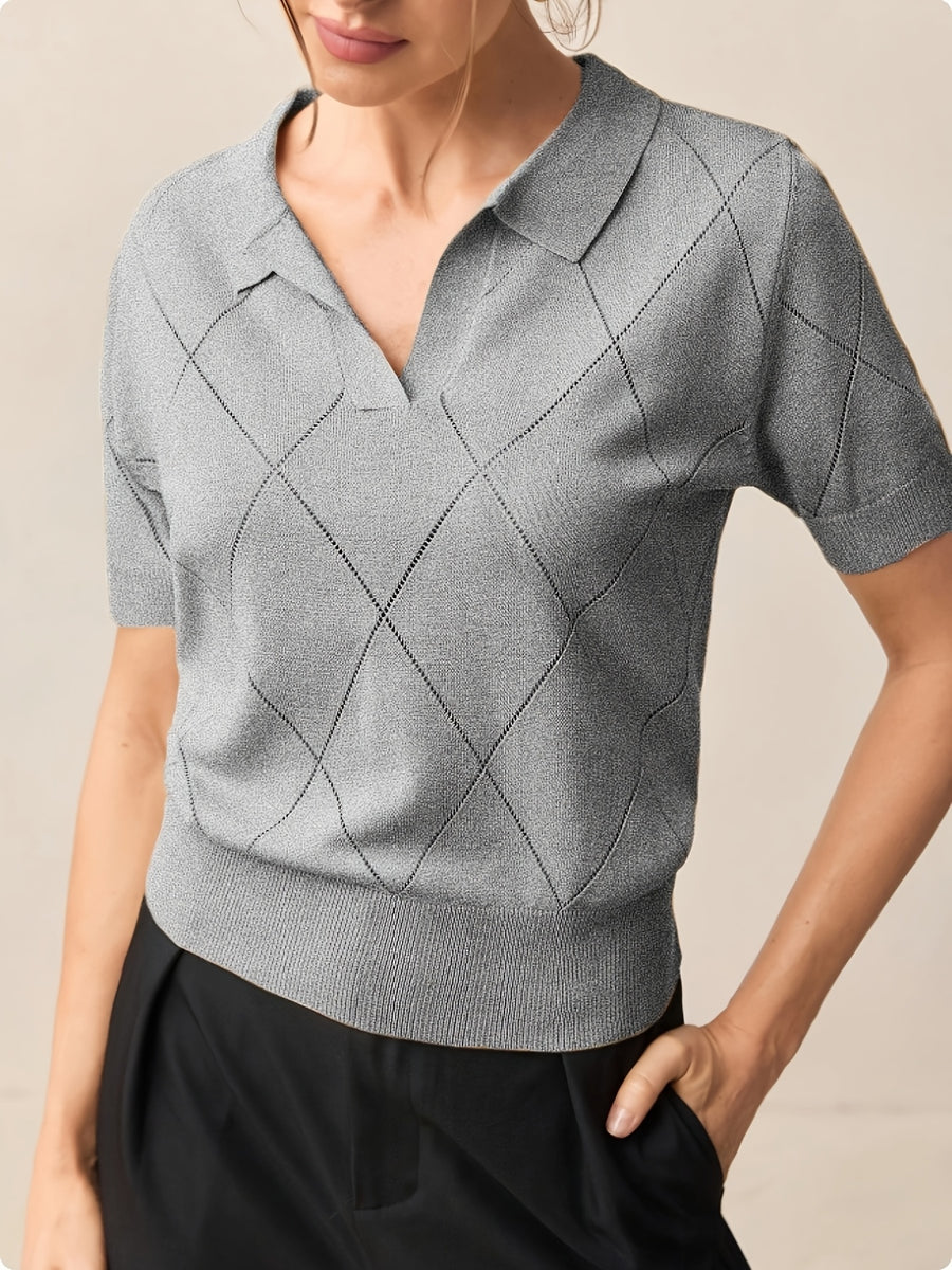 Women's Collar Rhombus Pattern Short Sleeve Top, Versatile Commuter Style for Spring and Summer - Space Gray