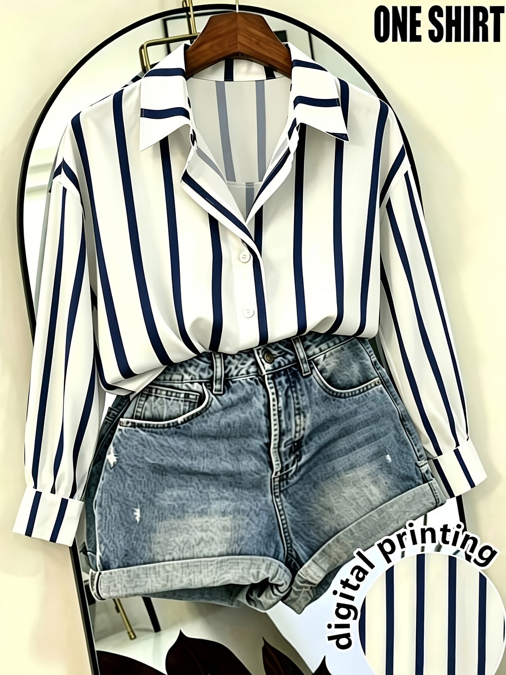 Women's French Style Vertical Striped Button Shirt - Navy & White Blouse Collar Blouse, Loose Fit Long Sleeve Button-Front Top for Office, Casual & -Casual Wear, Machine Washable Suitable for - Blue And White Stripes