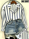 Women's French Style Vertical Striped Button Shirt - Navy & White Blouse Collar Blouse, Loose Fit Long Sleeve Button-Front Top for Office, Casual & -Casual Wear, Machine Washable Suitable for - Blue And White Stripes
