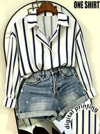 Women's French Style Vertical Striped Button Shirt - Navy & White Blouse Collar Blouse, Loose Fit Long Sleeve Button-Front Top for Office, Casual & -Casual Wear, Machine Washable Suitable for - Blue And White Stripes