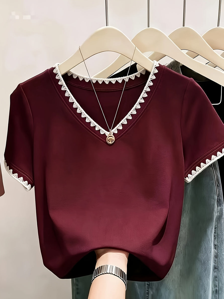 XXFL Directional Style Summer Regular Shoulder V-Neck Color-Block Fashion Versatile Short-Sleeve Top T-Shirt - Burgundy