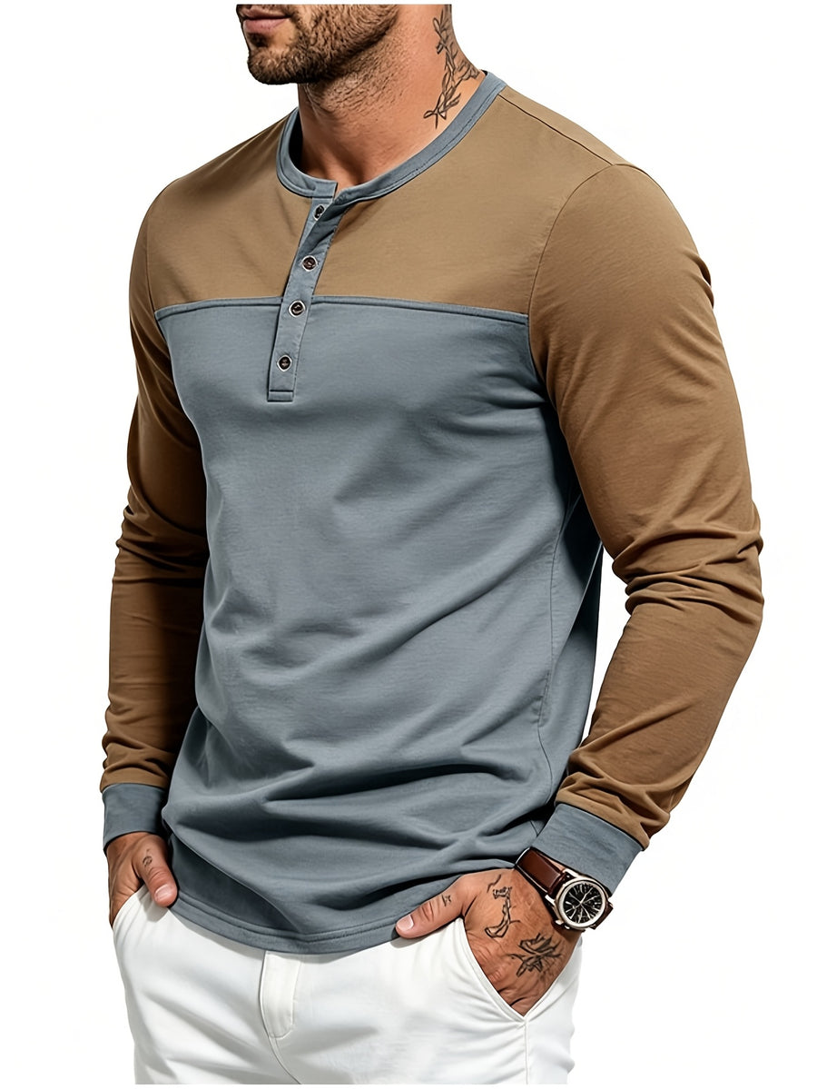 Men's Long Sleeve Henley T Shirt, Color Block Button Placket Pullover Top Loose Fit Casual Tee, Workout Sports Daily Commute Fall Mens Clothing - Brown on top and gray on top