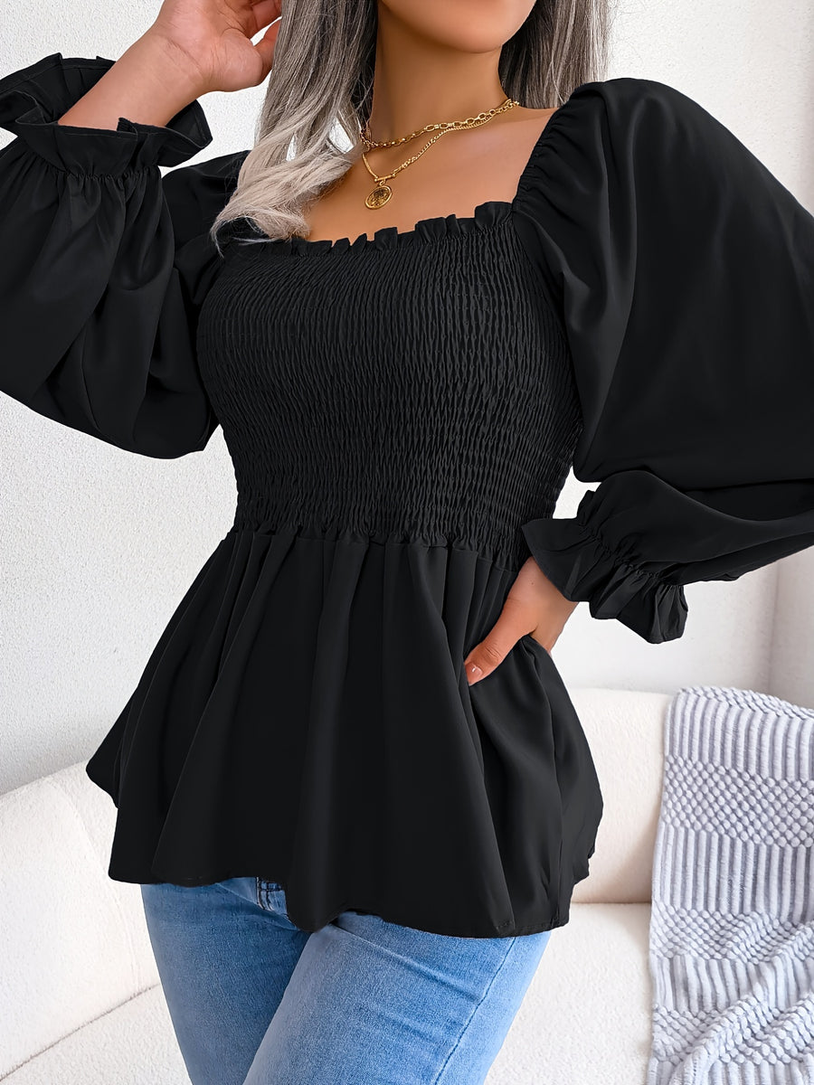 2023 Spring/Summer European and American Casual Solid Color Square Neck Flared Sleeve Ruffle Hem Chiffon Blouse - Black
