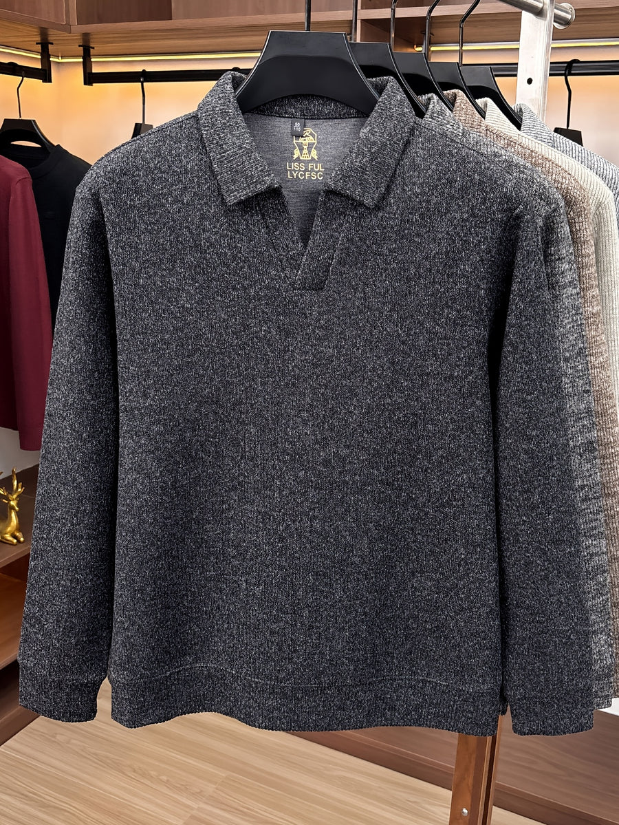 Autumn New Style Long Sleeve Polo Shirt Lapel No Button V-Neck Design Vertical Stripes Ribbed Knit Thick Long Sleeve Solid Color Basic Fit Outdoor Casual Commuter Men'S Clothing Quality Casual Top Business Office - Deep Grey