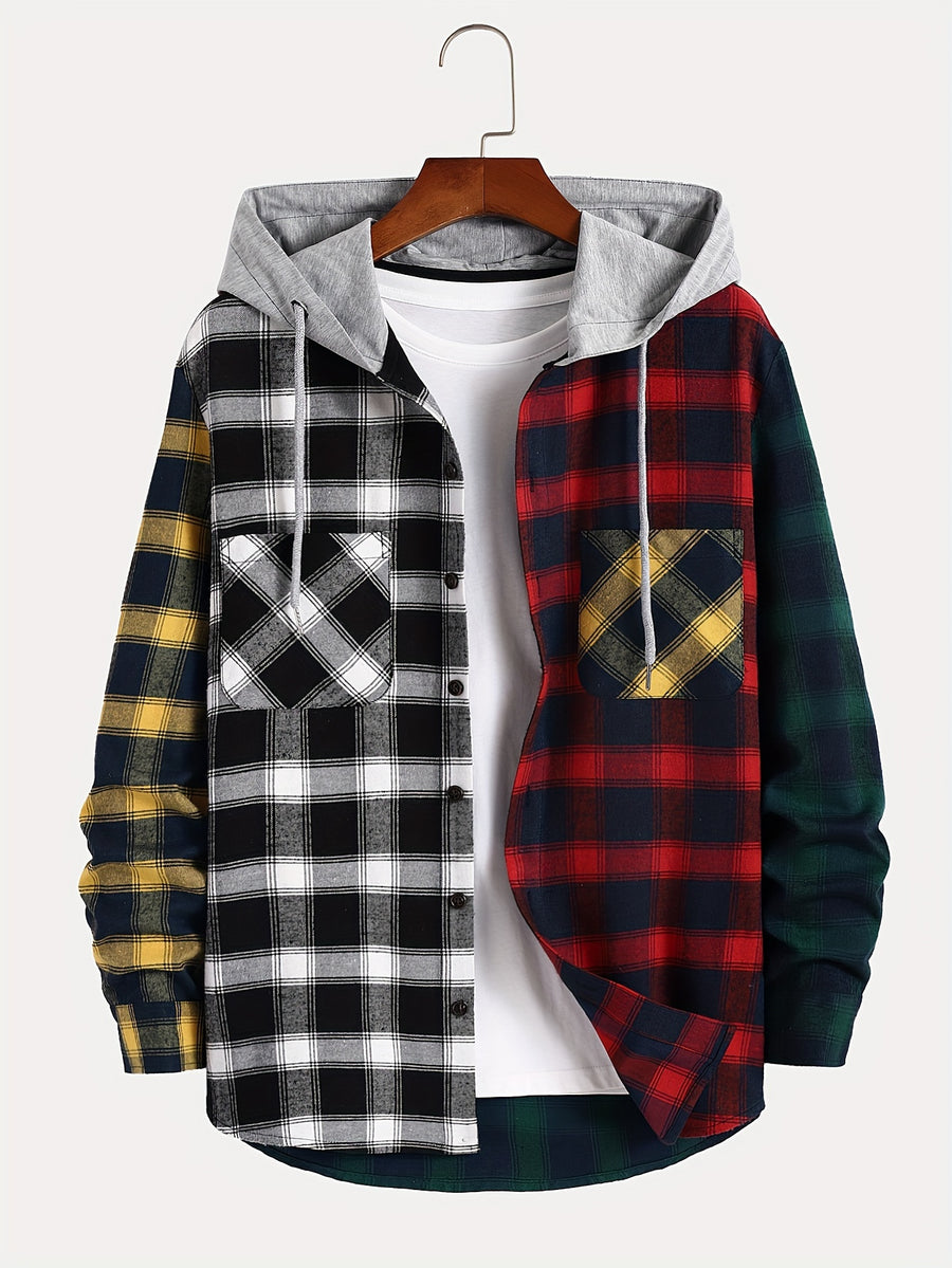 Men's Exquisite Gift: New College Style Trendy Hooded Cardigan with Contrast Color Multi-Patch Drawstring Pocket Design - Space Gray