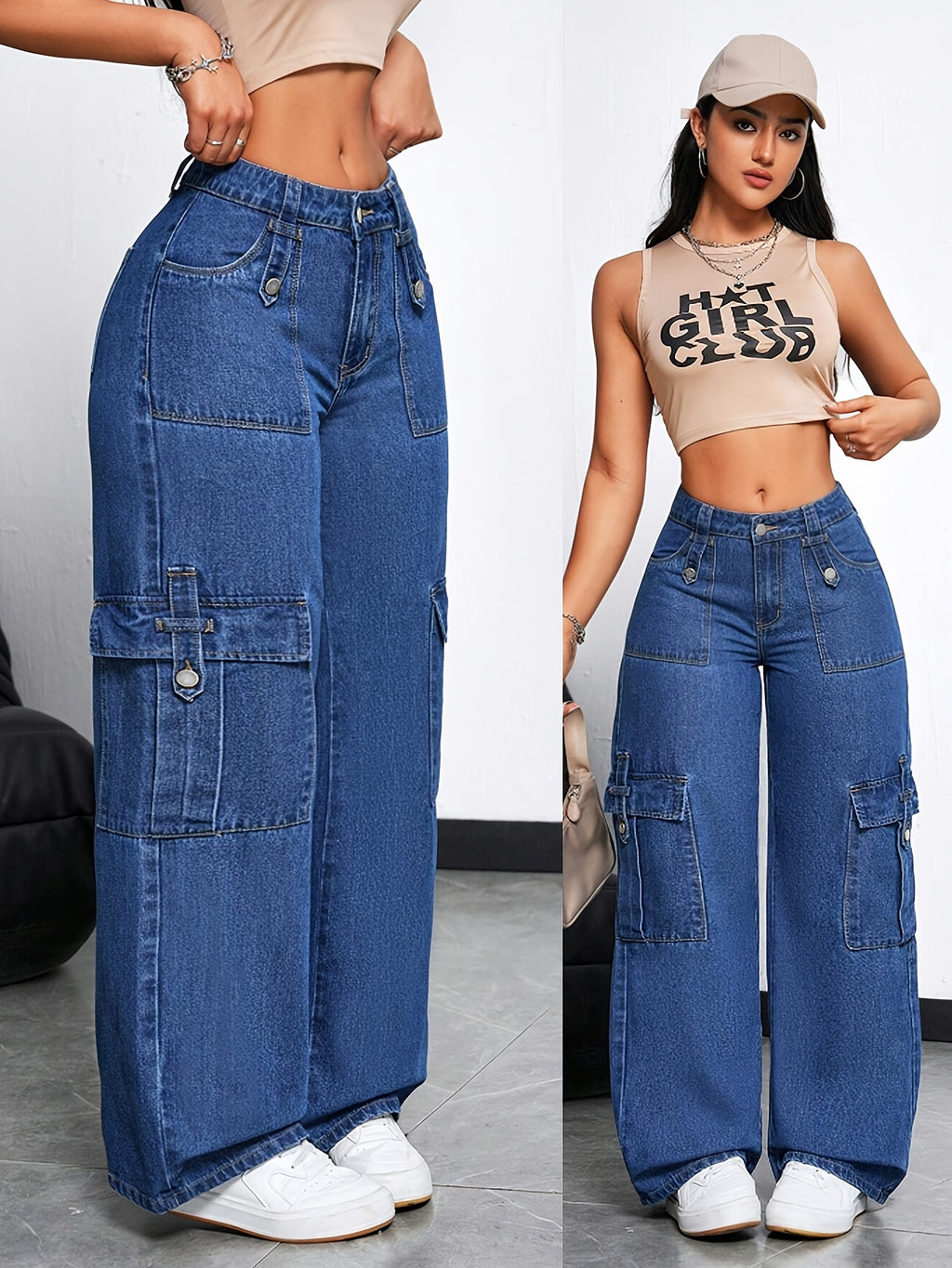 Multi-Pocket Stretch Straight-Leg Pants - Navy Color