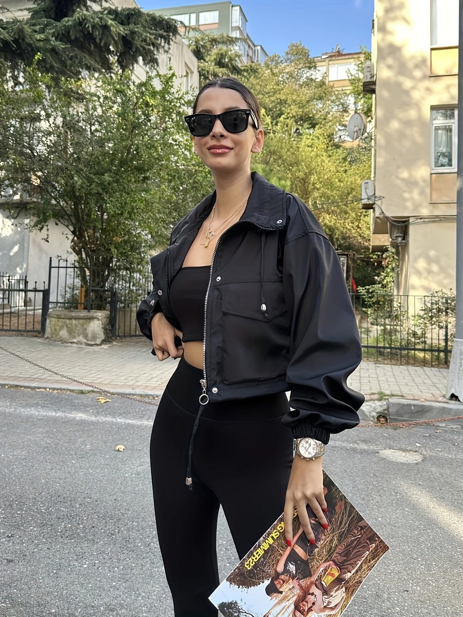 Women'S Fused Casual All-Match Vacation Lapel Short Zipper Coat Autumn Winter Commuter Jacket Elegant - Black