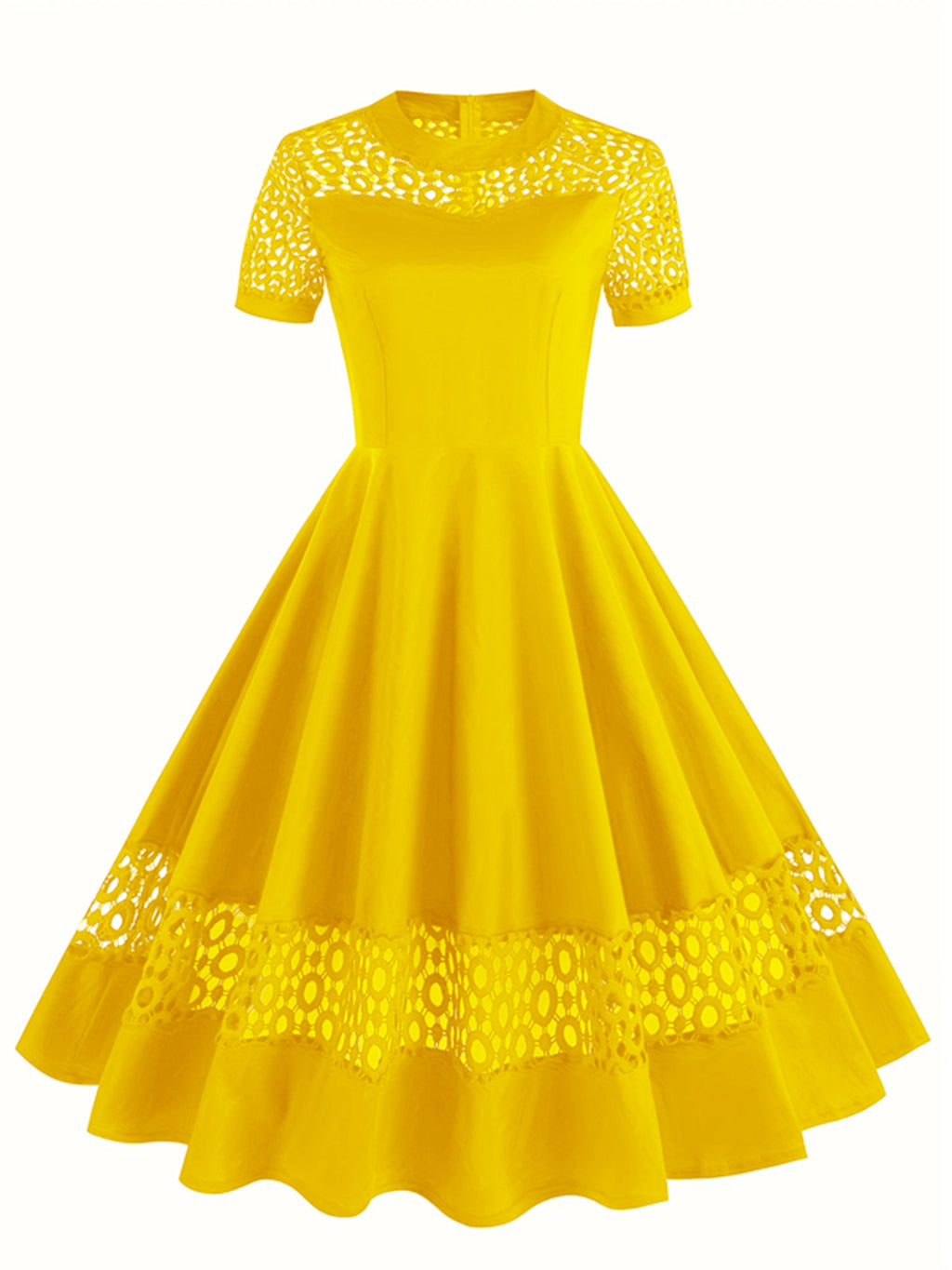 Vintage 50s Women's Dress with Round Neck, Lace Trim, and Short Sleeves - Yellow