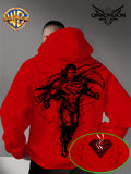 Warner Official Men'S Hooded Sweatshirt, Featuring Sketch Lines, Superhuman Flight, Dynamic And Cool Print Design, Machine Washable, Warm And Casual for Autumn And Winter, Daily Drawstring Hoodie, Multifunctional Sports And Casual Loose Fit - Red