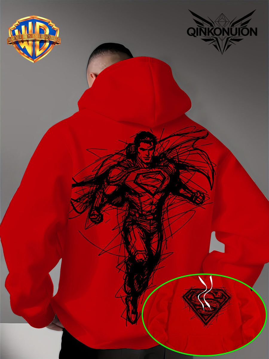 Warner Official Men'S Hooded Sweatshirt, Featuring Sketch Lines, Superhuman Flight, Dynamic And Cool Print Design, Machine Washable, Warm And Casual for Autumn And Winter, Daily Drawstring Hoodie, Multifunctional Sports And Casual Loose Fit - Red