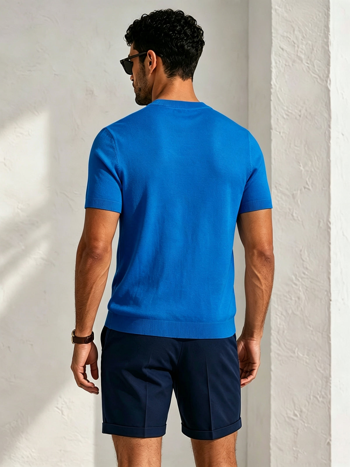 New Men S Solid Diamond-pattern Crew Neck Knit Short Sleeve Top for Casual & Sport Looks, Wearable in Spring, Fall and Winter as Standalone Outfit or Base Layer. Ultra-soft High-grade Fabric, Safe to Wear Next to Skin. - Royal Blue