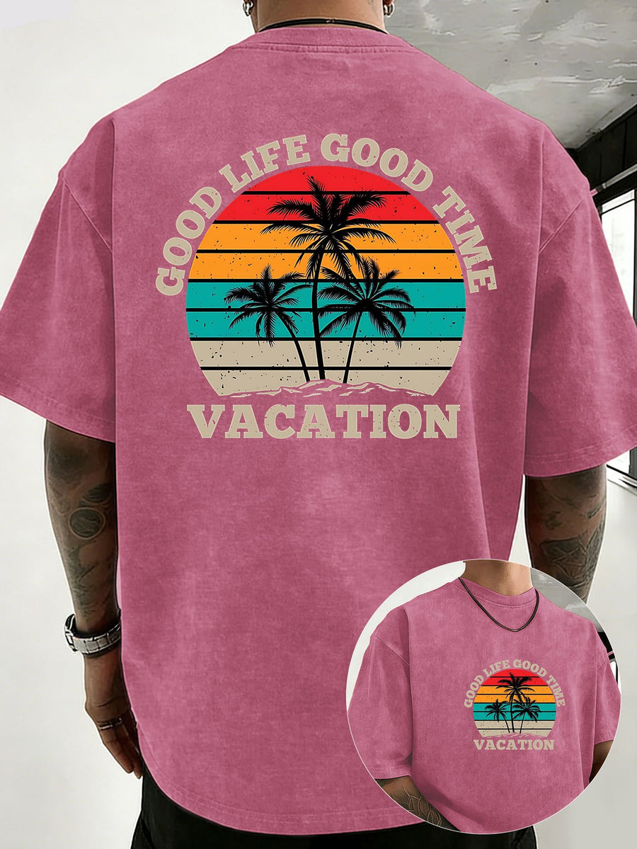 Loose Short Sleeve T-Shirt Men'S Heavyweight Pure Washed Distressed Top Trendy Double-Sided Print 12 Colors Free to Match Street Hip-Hop Style Casual Outing Sports Fitness Commuting Couple Style American Street Short Sleeve - Rose Red