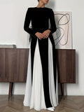 QC High-End Black and White Contrast Color Spliced Maxi Dress with Flared Hem, Round Neck, Long Sleeves, and Waist Cinching for an Elegant Look - Black