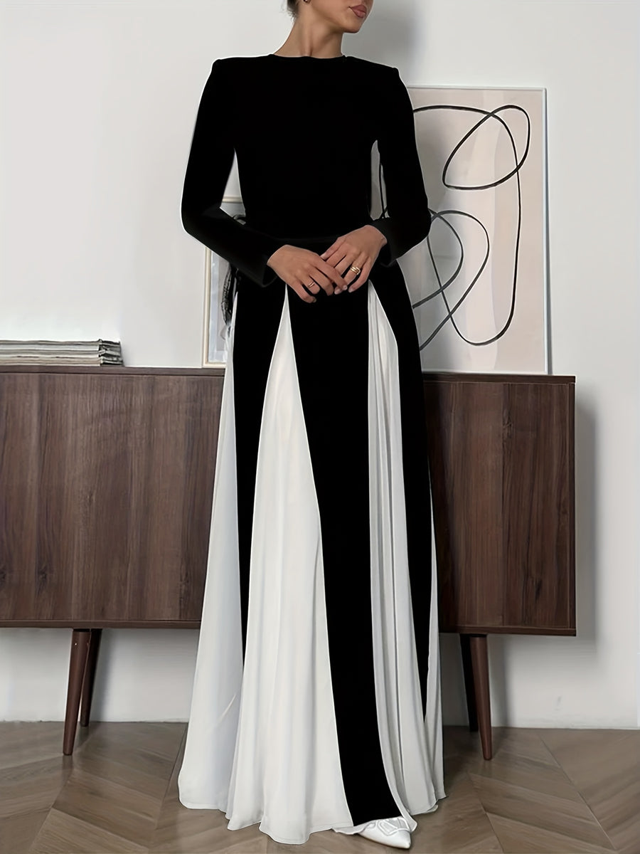 QC High-End Black and White Contrast Color Spliced Maxi Dress with Flared Hem, Round Neck, Long Sleeves, and Waist Cinching for an Elegant Look - Black