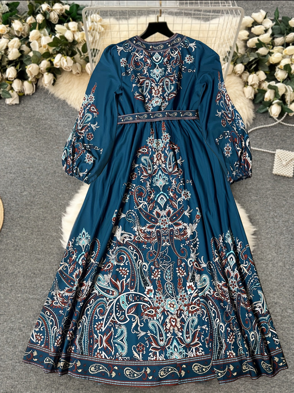 Middle Eastern Ethnic Print Elegant Dress, New Spring/Summer Long Sleeve V-Neck Tie-Up Temperament Dress, Summer Solstice 1 - Dark Green