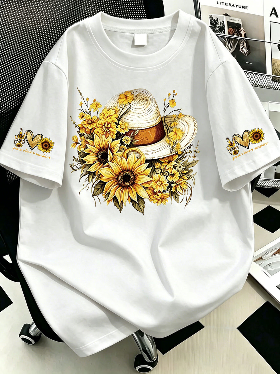 Plus Size, Plus-size Sunflower Print Round-neck Women's Casual Short-sleeve T-shirt, Suitable for Summer Vacations, Casual and Comfortable - White