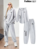 Women's Casual Hooded Sweatshirt and Joggers 2pcs Set - Long Sleeve Drawstring Pullover Hoodie, Elastic Waist Sweatpants, Comfortable Loungewear Set - Perfect for Sports, Running, Yoga, Workout, Daily Wear and Travel - Light Grey