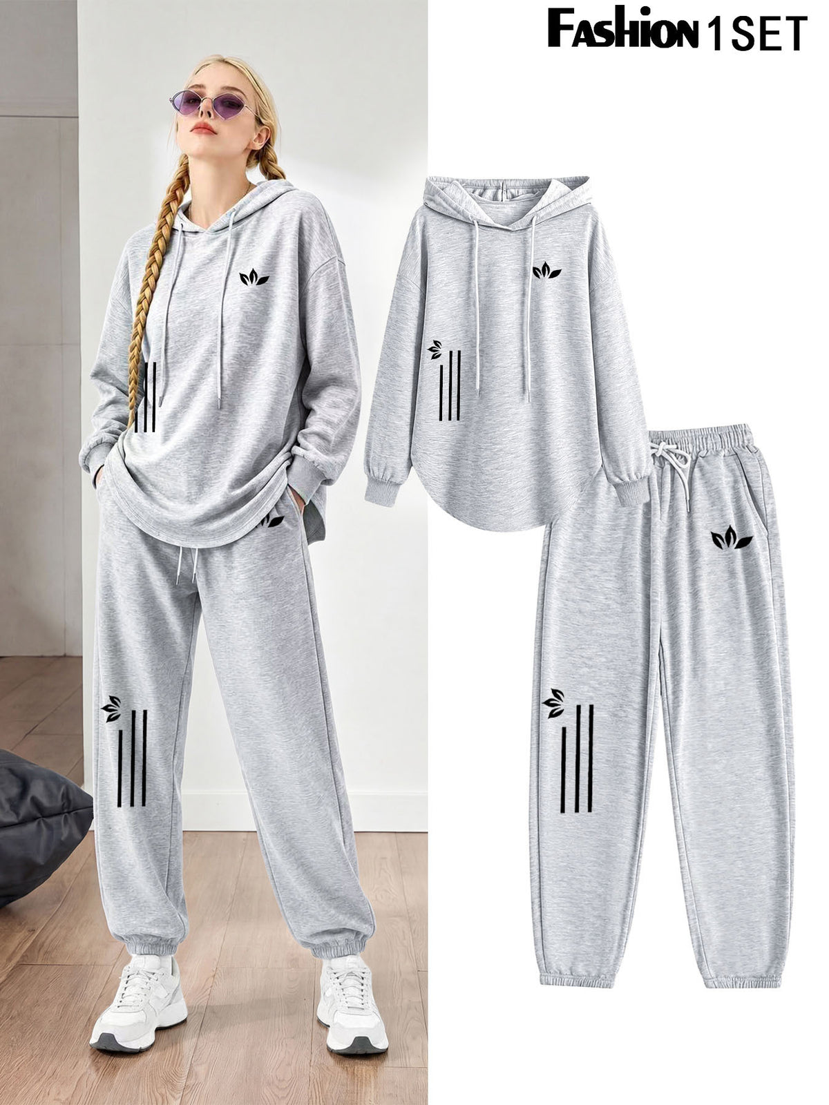 Women's Casual Hooded Sweatshirt and Joggers 2pcs Set - Long Sleeve Drawstring Pullover Hoodie, Elastic Waist Sweatpants, Comfortable Loungewear Set - Perfect for Sports, Running, Yoga, Workout, Daily Wear and Travel - Light Grey