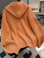 Autumn And Winter Hooded Cardigan, Solid Color Casual Easy Button-Up Sweater, Soft And Comfortable Elegant Women'S Clothing - Orange-Red