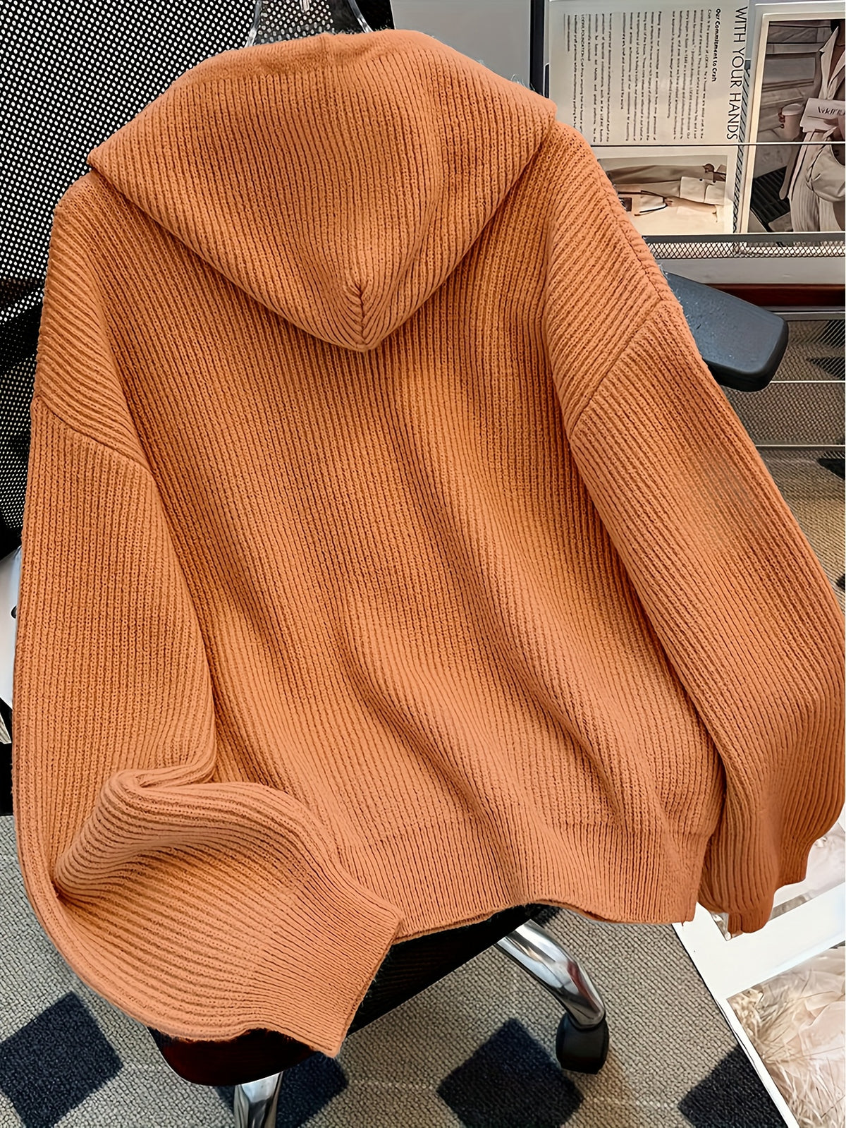 Autumn And Winter Hooded Cardigan, Solid Color Casual Easy Button-Up Sweater, Soft And Comfortable Elegant Women'S Clothing - Orange-Red