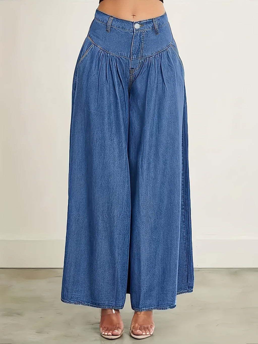 Women'S Loose Wide-Leg Denim Long Pants, Lightweight Fabric with Zipper And Button Closure, Fashionable Comfortable Casual High-Waist Jeans for All Seasons - Blue